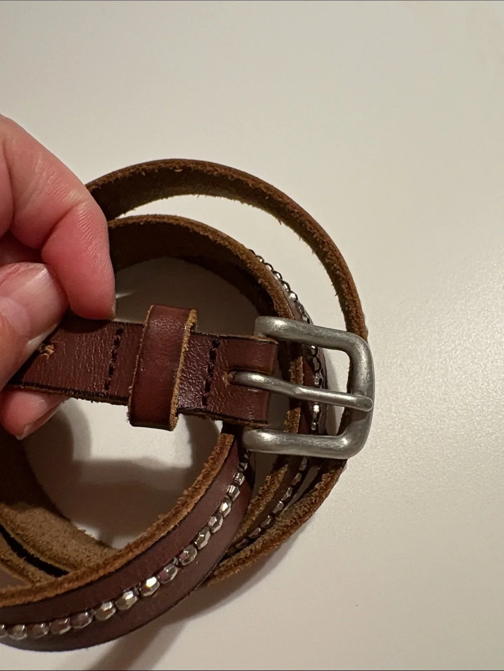 Women’s Hollister brown cowhide leather belt gem embellished XL brown silver